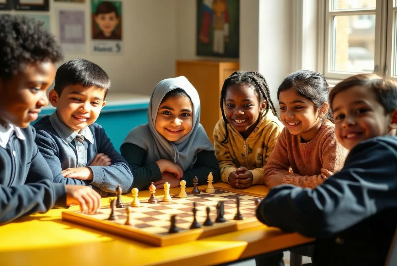 Children playing chess together at Summer Boost